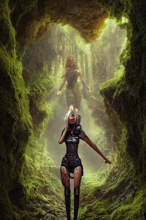 Image similar to a half body portrait of a futuristic steampunk female astronaut full body, symetrical young face steampunk astronaut walking inside a very lush mossy cave by Bastien Lecouffe-Deharme and marc simonetti natural volumetric lighting, realistic 4k octane beautifully detailed render, 4k post-processing