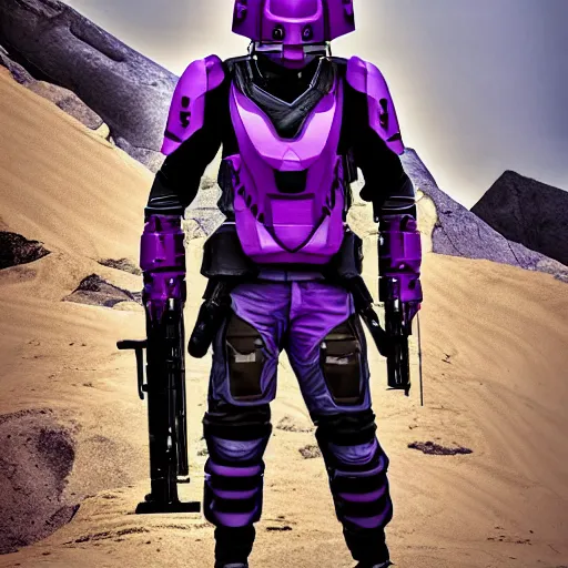 Image similar to vanu soldier, tall, helmet, purple and black clothes, heavy gun, full body, full portrait