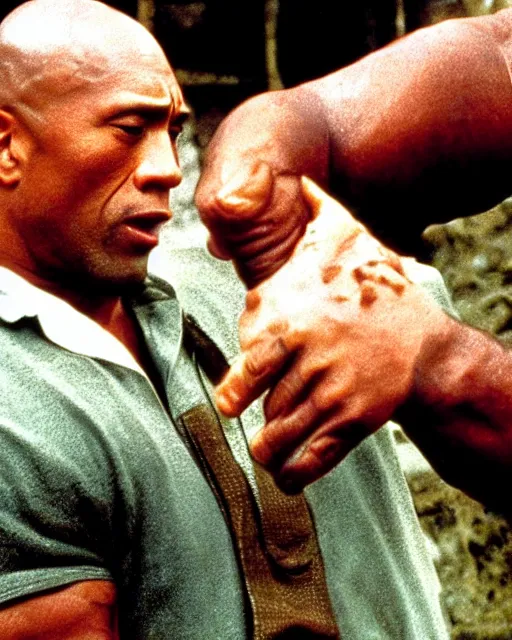 Image similar to film still close - up shot of dwayne johnson as john coffey petting a mouse in the movie the green mile. photographic, photography