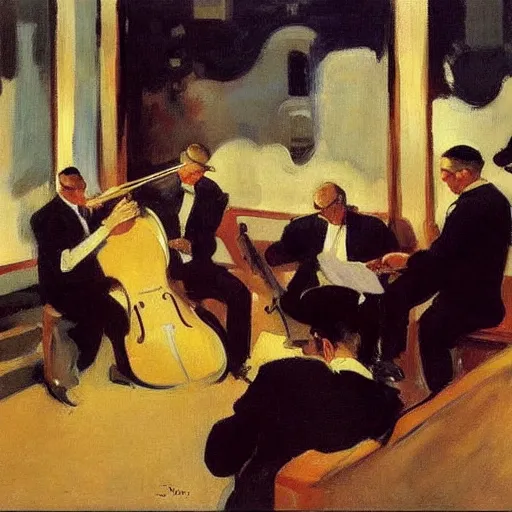 Prompt: painting of jazz group ( 1 9 5 9 ) by joaquin sorolla and edward hopper