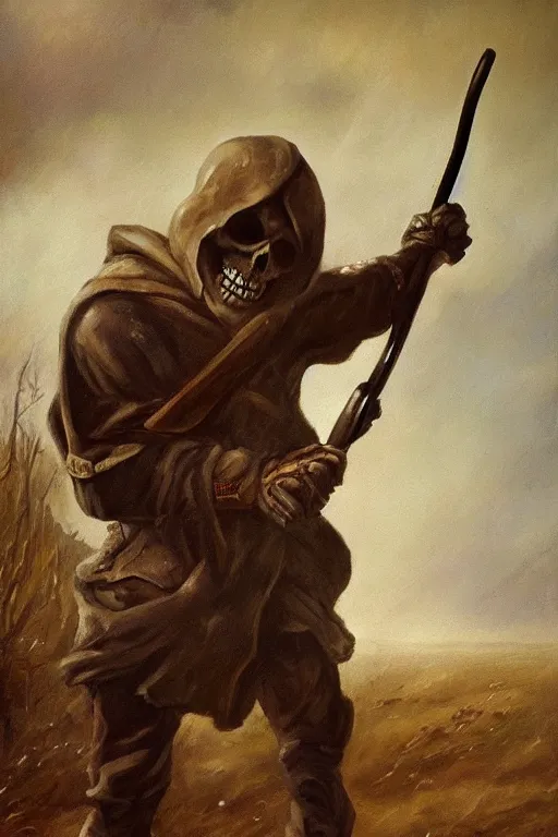 Prompt: The Grip Reaper, Skull-faced man. Wielding a Scythe. Alone, Wasteland. Oil painting. Masterwork.