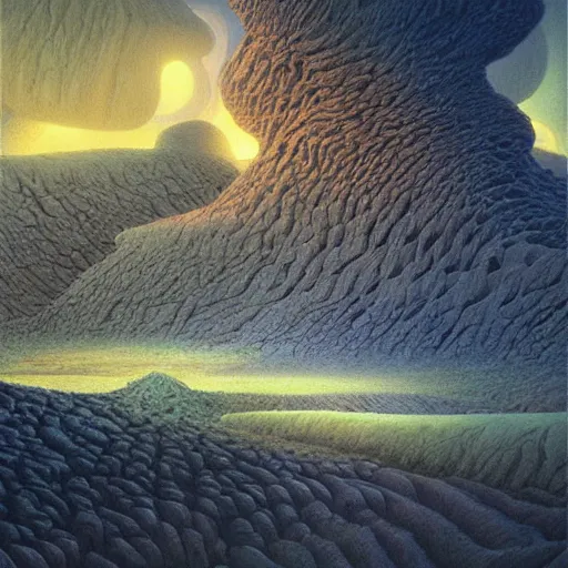 Image similar to artistic digital artwork of an epic scene on an alien planet. beautiful landscape by vincent bons, michael whelan, remedios varo and gerardo dottori. grainy and rough. interesting pastel colour palette. beautiful light. oil and water colour based on high quality render.