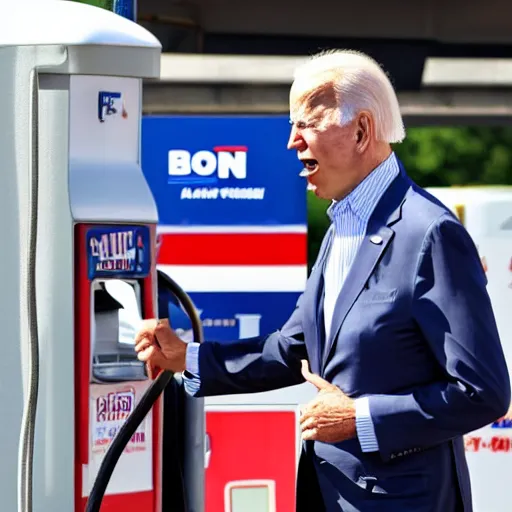 Image similar to joe biden at the gas station pumping gas into his mouth