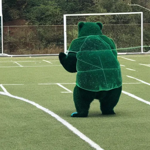 Prompt: a bear was playing football with a turtle on the football