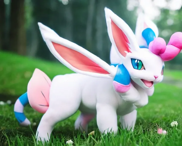 Image similar to real life sylveon pokemon, cute!!!, heroic!!!, adorable!!!, playful!!!, fluffly!!!, happy!!!, cheeky!!!, mischievous!!!, ultra realistic!!!, spring time, slight overcast weather, golden hour, sharp focus