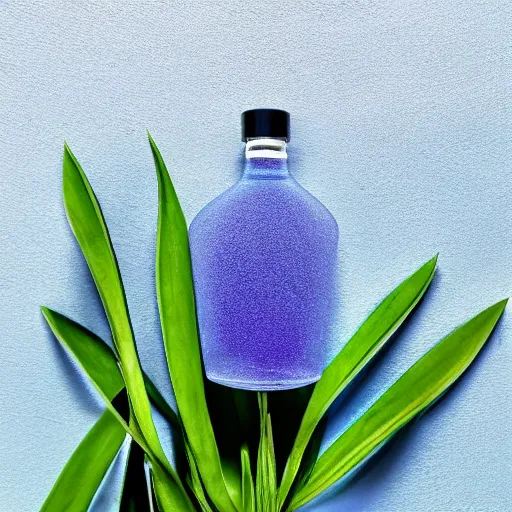 Image similar to cool blue perfume bottle surrounded by a plethora of sparse cool blue and lavendar flowers and green stems, bright white realistic, up close shot, white background, zen, light, modern minimalist f 2 0 clean