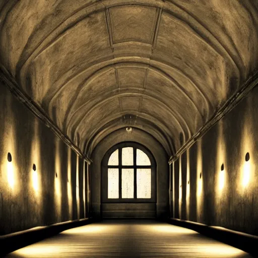 Image similar to a long shadowy asylum hallway at night, arched ceiling, one point perspective, vanishing point, symmetrical composition, rich colors, dramatic lighting, by lee madgwick, photorealistic, v - ray render 8 k uhd