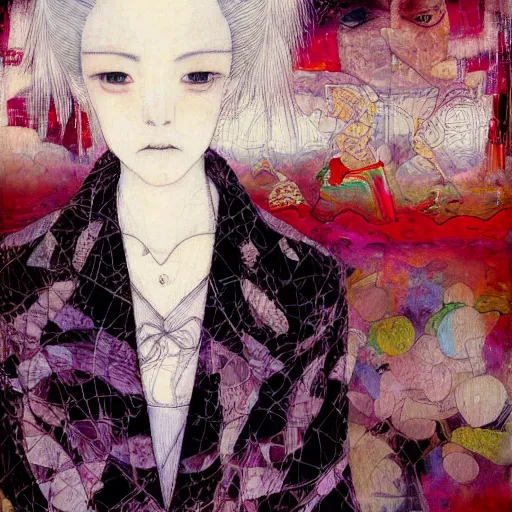 Image similar to yoshitaka amano blurred and dreamy realistic portrait of a woman with black eyes and white hair wearing dress suit with tie, junji ito abstract patterns in the background, satoshi kon anime, noisy film grain effect, highly detailed, renaissance oil painting, weird portrait angle, blurred lost edges, three quarter view