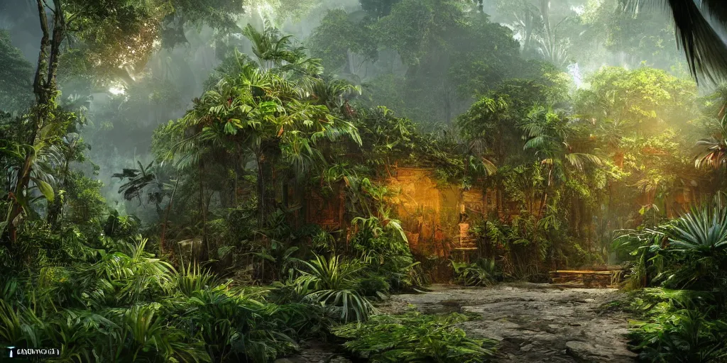 Image similar to tropical jungle, wall wood fortress, borderland style, Hyperrealistic CGI, Photorealistic, cinematic, volumetric lighting, fanart on ArtStation concept art