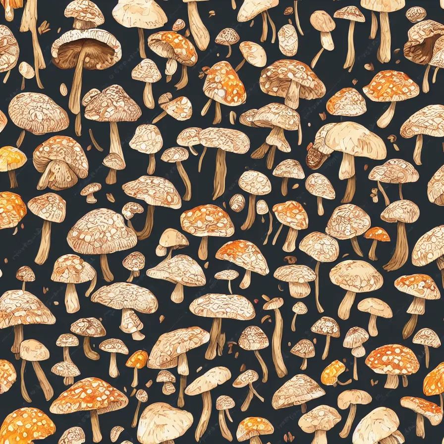 Prompt: macro photo with a mushroom characters and mycelium, very close to real nature, natural colors and natural surroundings, painted patterns and coloring on mushrooms, seamless fabric pattern 8K, highly detailed.