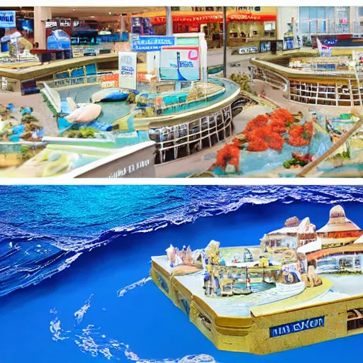 Image similar to A diorama of a shopping center in the middle of the sea