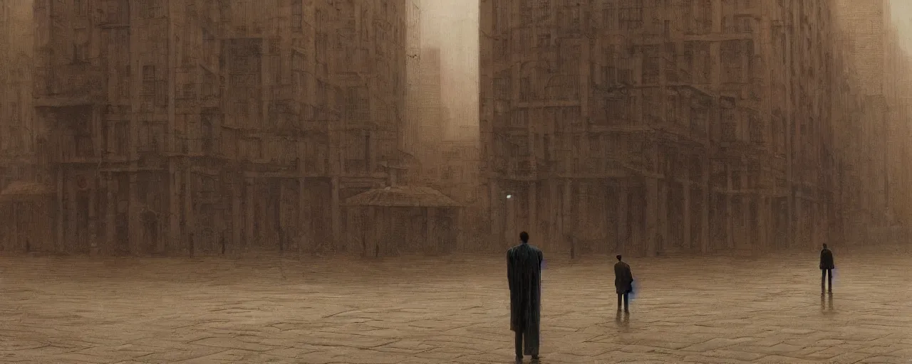 Prompt: lonely man working in a cubical in the middle of an empty city square in a dystopian future, depair, dystopian, by rutkowsky and zdizislaw beksinski