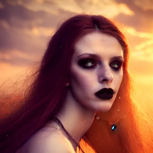 Prompt: photographic portrait of a stunningly beautiful gothic female in soft dreamy light at sunset, god rays, contemporary fashion shoot, by edward robert hughes, gustav klimt, annie leibovitz and steve mccurry, david lazar, jimmy nelsson, breathtaking, 8 k resolution, extremely detailed, beautiful, establishing shot, artistic, hyperrealistic, beautiful face, octane render