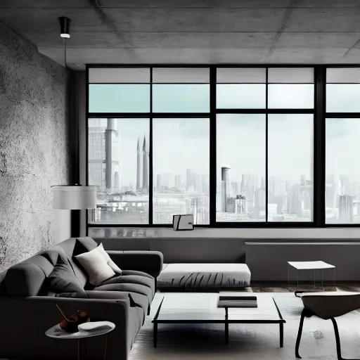 Prompt: brutalist open living room, big windows, showing city landscape on background, minimalist architecture, minimalist furniture, octane render, high quality, 8 k, post production