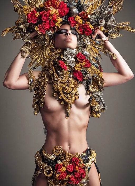 Image similar to expressive full body photo of a female model, ornate headpiece made from flowers, ornaments, glamour shot, by karol bak, by stefan gesell, photorealistic, canon r 3, fashion photography, hyper maximalist, elegant, ornate, luxury, elite, environmental portrait, symmetrical features, octane render, unreal engine, solid dark grey background, dramatic lights