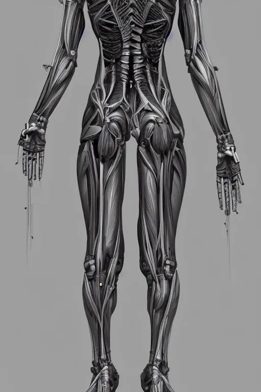 Image similar to symmetry!! full body female human anatomy concept, medical anatomy, cybernetic implants, gun metal grey, mecha limbs, muscular system reference, anatomical art, digital art, in the style of amanda lilleston, luka mivsek, bryan christie, ranjit ghosh, artstation, pinterest, deviantart, photoshop, octane render, unreal engine