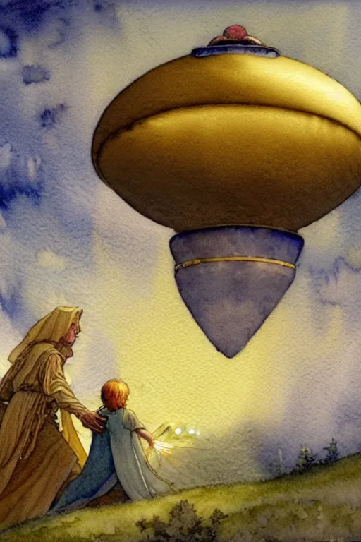 Prompt: a hyperrealist watercolor concept art of an elegant golden ufo in the sky abducting a medieval peasant child. very muted colors, by rebecca guay, michael kaluta, charles vess. high detail, hq, wide shot, 4 k