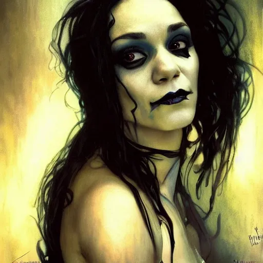 Image similar to beautiful portrait of vanessa hudgens as death from sandman, smiling, by cedric peyravernay, alphonse mucha, by jeremy mann, by lecouffe deharme, goth chic, soft lightning, eyeliner, punk rock, high detailed, 8 k