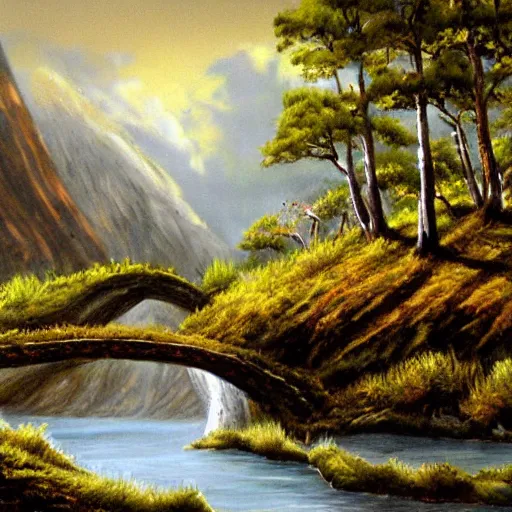 Image similar to painting lord of the rings dramatic landscape, forrest