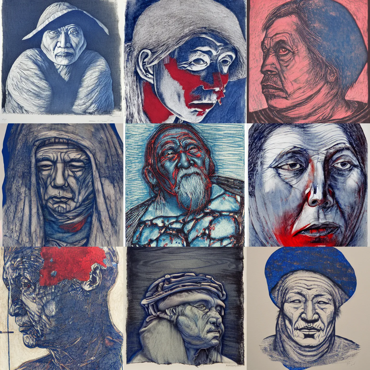 Prompt: inuk realist lithograph of biologist, ultramarine blue, venetian red, titanium buff, luminous, ethereal, dense linework, grisaille, woodcut, watercolor tinting, chiaroscuro, dark background, subsurface scattering
