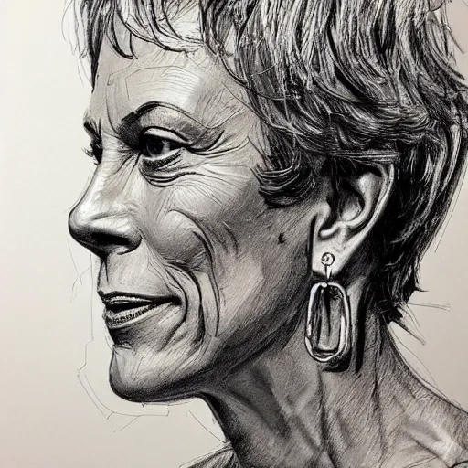 Image similar to a realistic yet scraggly portrait sketch of the side profile of a stern and sophisticated jamie lee curtis, trending on artstation, intricate details, in the style of frank auerbach, in the style of sergio aragones, in the style of martin ansin, in the style of david aja, in the style of mattias adolfsson