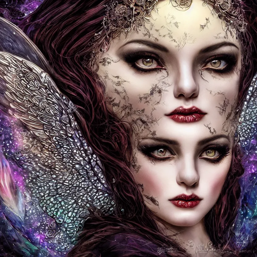 Image similar to close up portrait on the enchanting femenine witch, hyper attractive, seductive, very complex, hyper-maximalist, overdetailed, legendary cinematic, darkfantasy, archetype with timeless beauty breathtaking eyes & glowing wings, collossal moon rising behind her with bird shadows, highly intricate, digital art, very elegant, HDR 8K, biblical art, realism, incomprehensible yet perspicious detail, unbeatable quality, silent hill aesthetic, photorealistic, lifelike, DSLR 8k, unbeatable coherency, Omnious intricate, octane render, created Nixeu & z--ed from deviantart