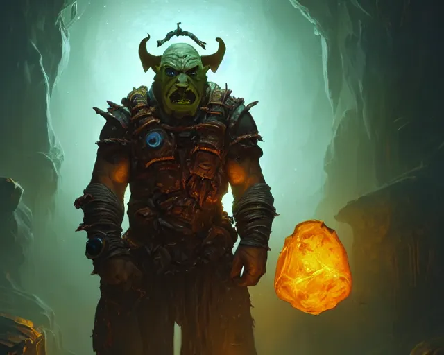 Image similar to a 4 k cinematic screenshot still portrait of a orc in a dark liminal space room surrounded by amber glow, deep focus, d & d, fantasy, intricate, elegant, highly detailed, digital painting, art station, concept art, matte, sharp focus, illustration, dark fantasy style art, hearthstone, art by artgerm and greg rutkowski and alphonse mucha