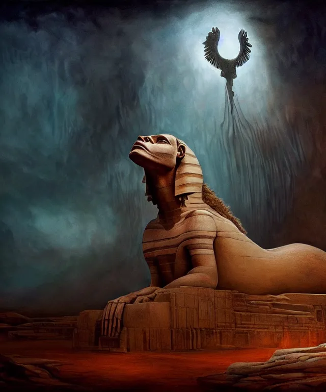 Prompt: epic professional digital art the sphinx, horrific yet beautiful vibe, evocative, atmospheric lighting, painted, intricate, highly detailed, by leesha hannigan, wayne haag, reyna rochin, ignacio fernandez rios, mark ryden, iris van herpen, artstation, cgsociety, stunning, gorgeous, sharp focus, cinematic, masterpiece