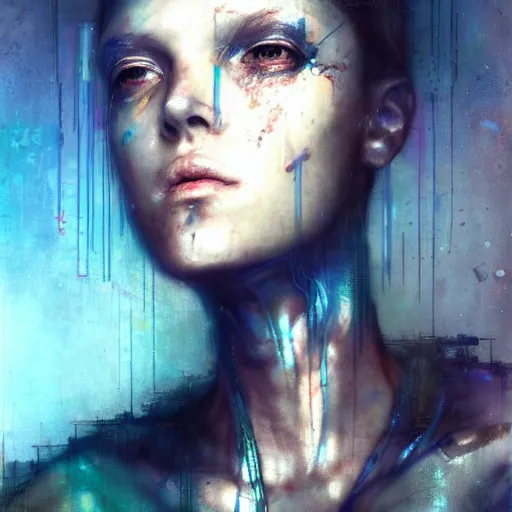 Prompt: female cyberpunk portrait by cy Twombly and BASTIEN LECOUFFE DEHARME, iridescent