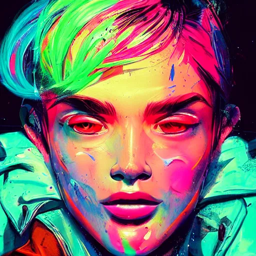 Prompt: splashes of neon, portrait made out of paint, trending on artstation, epic composition, emotional, beautiful, rendered in octane, unreal engine, highly detailed, realistic, comic book art, punk style