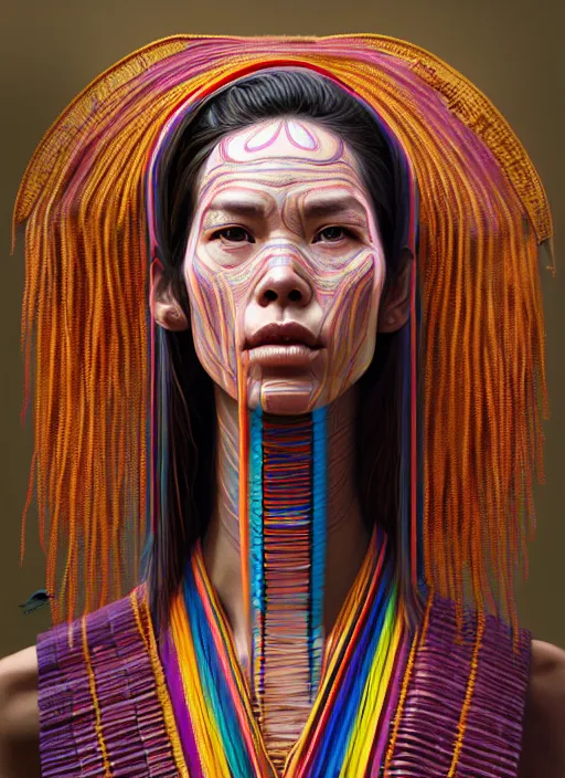 Prompt: portrait of catriona balfe as a long - neck kayan woman, hyper detailed ultra sharp trending on artstation, warpaint aesthetic, colorful, psychedelic, ornate, intricate, digital painting, concept art, smooth, sharp focus, illustration, art by artgerm and greg rutkowski and h. r. giger, 8 k