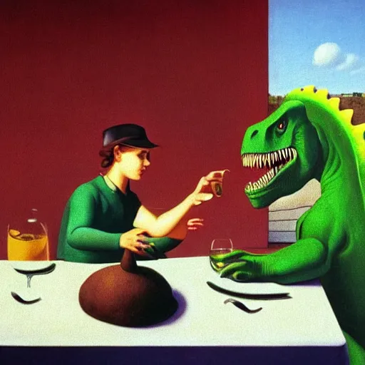 Image similar to a dinosaur takes you out for dinner by Raphael, Hopper, and Rene Magritte. detailed, romantic, enchanting, trending on artstation.