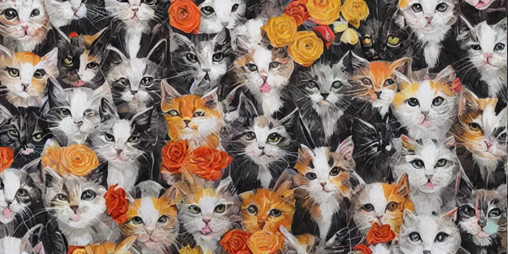 Prompt: a group of kitten by Sandra Chevrier and Sachin Teng, colorful geometric pattern, flowers