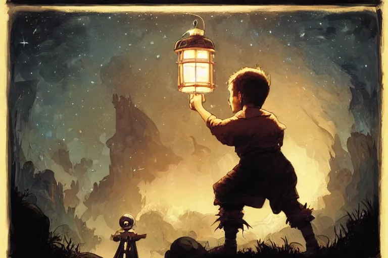 Image similar to a boy holding a lantern and looking at the stars through a dimensional window, by greg rutkowski and frank frazetta and peter mohrbacher and william blake and dan mumford