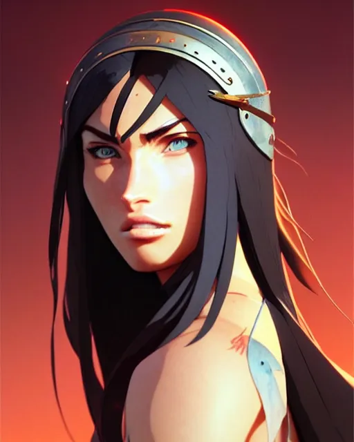 Image similar to azctec warrior, megan fox, detailed perfect face, exquisite details, fire magic, mid view, design on a white background, by studio muti, greg rutkowski makoto shinkai takashi takeuchi studio ghibli