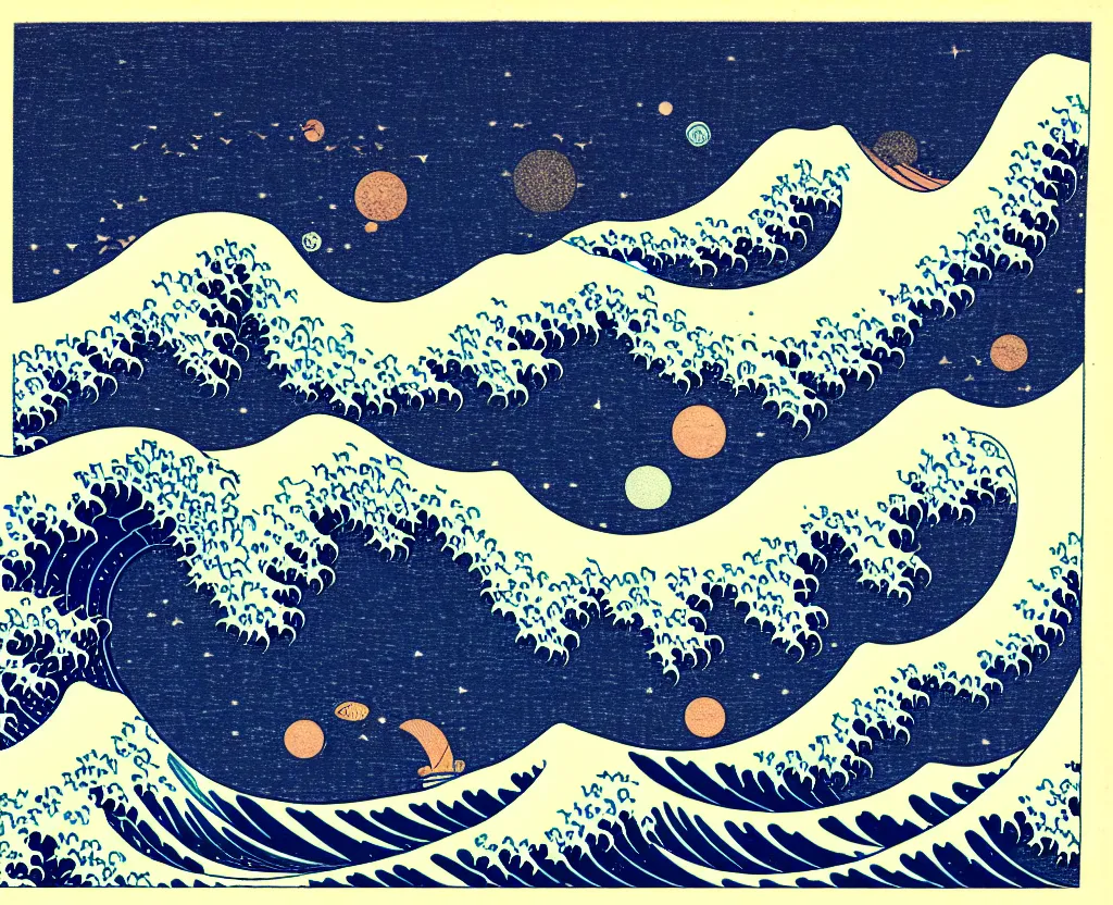 Image similar to dream waves on the starfields by katsushika hokusai and ben wanat ; setting is the halls of space and place that has no beginning and no end