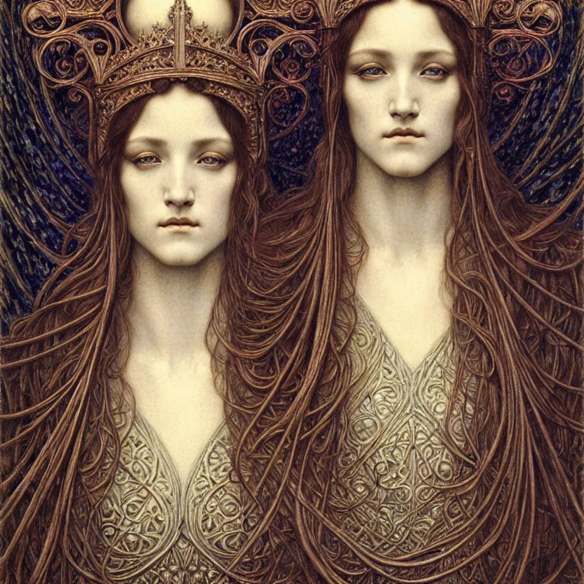 Image similar to detailed realistic beautiful young medieval queen face portrait by jean delville, gustave dore and marco mazzoni, art nouveau, symbolist, visionary, gothic, pre - raphaelite. horizontal symmetry