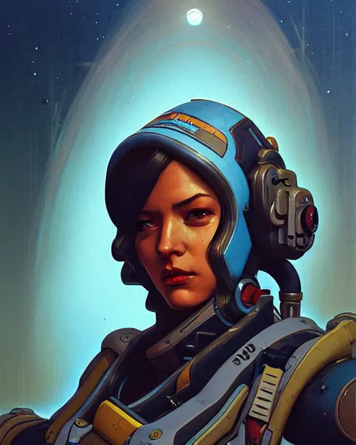 Prompt: ana from overwatch, character portrait, portrait, close up, concept art, intricate details, highly detailed, vintage sci - fi poster, in the style of chris foss, rodger dean, moebius, michael whelan, and gustave dore