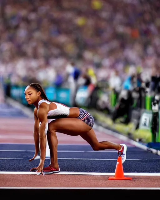 Prompt: allyson felix, crouching at the 2 0 0 - meter starting line, hyperreal, sports photography in the style of neil leifer