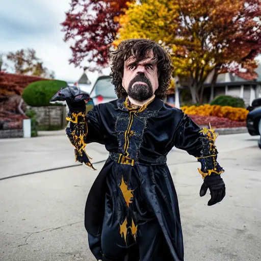 Image similar to peter dinklage trick or treating on halloween, ( sony a 7 r iv, symmetric balance, polarizing filter, photolab, lightroom, 4 k, dolby vision, photography awardm, voque, perfect face )