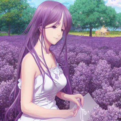 Image similar to portrait of a girl sitting at the field of lilac, anime fantasy illustration by tomoyuki yamasaki, kyoto studio, madhouse, ufotable, trending on artstation