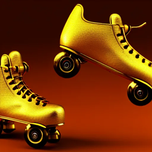 Image similar to a pair of golden roller skates, digital illustration, detailed, 8 k, artstation, detailed and intricate, 8 k resolution, hyperrealistic, octane render, cinematic 9