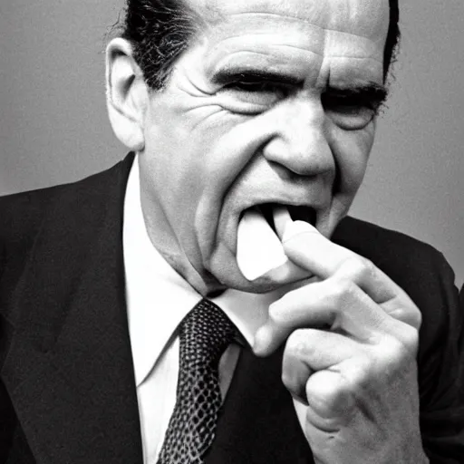 Image similar to Richard Nixon eating a hotdog, hyper realistic, HD, HQ, photo realistic