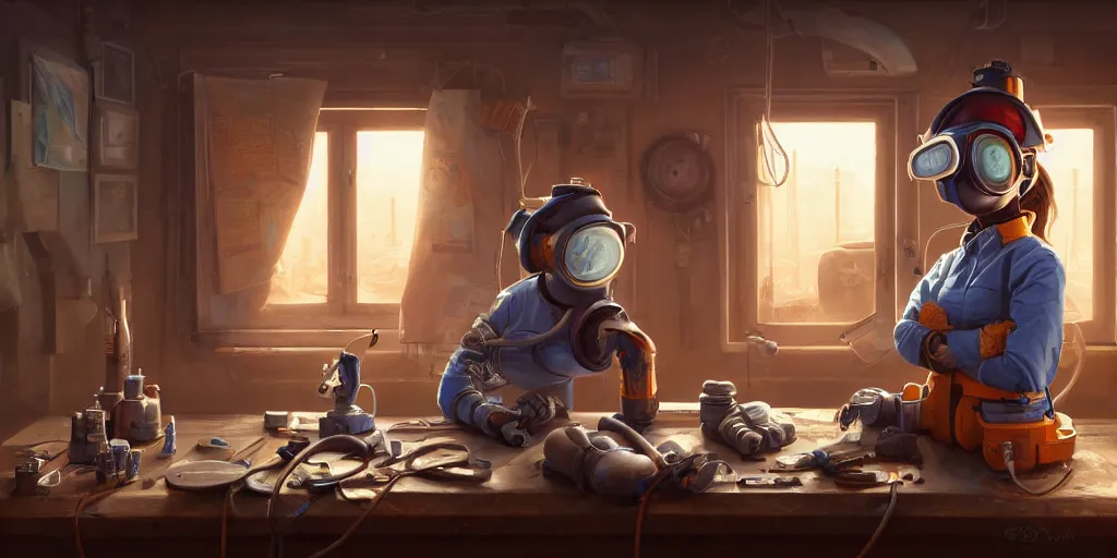 Image similar to highly detailed portrait painting of welder girl perfect symmetrical face, room mono window, table mess, by eddie mendoza and tyler edlin, 8 k resolution