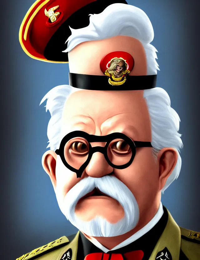 Image similar to a photographic portrait of colonel sanders wearing a military uniform and a black eyepatch over his left eye, by moebius and tyler edlin and hr giger, trending on artstation, digital art, 4 k resolution, detailed, high quality, sharp focus, hq artwork, coherent, insane detail, concept art