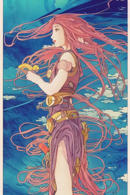 Prompt: portrait of a girl floating in a spacestation, flowing hair, yuya nagai, last exile, blue submarine no. 6, loish, murata range, kawaii, studio lighting, anime, manga, vibrant bright colors, japanese, 1980s, beautiful, dreamy, alphonse mucha, gradation, jean giraud, high saturation