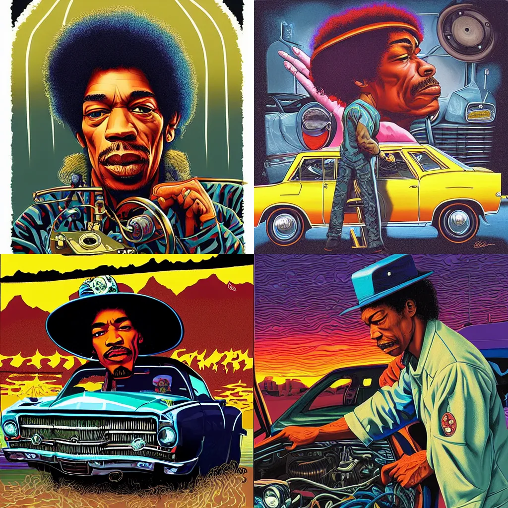 Prompt: Jimi Hendrix working as a car mechanic by Dan Mumford and Esao Andrews