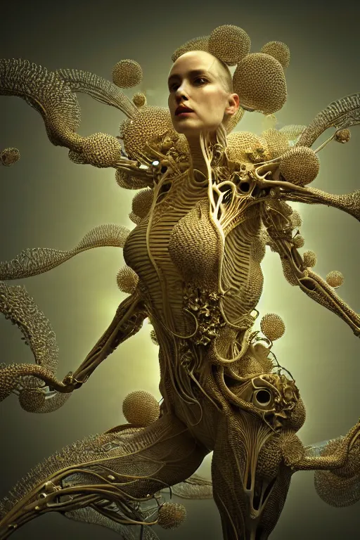 Image similar to intricate hyper detailed ultra sharp 3 d render, unity of mood, biomechanical cyborg ladies dancing, atmospheric, foliage, white large pore fungi, cyberpunk art nouveau, haute couture alexander mcqueen leaves stems dahlia blooming transparent fractal filigree roots, intricate details, octane render, volumetric cinematic lighting, natural beautiful light, yellow infrared, lumiol, 8 k,