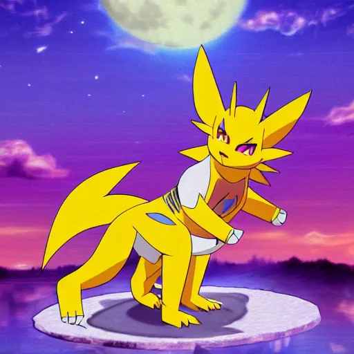 Image similar to Renamon from Digimon Tamers standing in front of the moon by a shimmering lake, sakura petals around her, moonlight, elegant, nighttime, , stars,