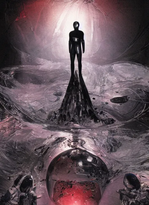 Image similar to astronauts in dark and empty void underwater - complex and hyperdetailed technical suit. reflection and dispersion materials. rays and dispersion of light. volumetric light. 5 0 mm, f / 3 2. noise film photo. flash photography. ultra realistic, wide angle. poster by wayne barlowe, hajime sorayama aaron horkey, craig mullins